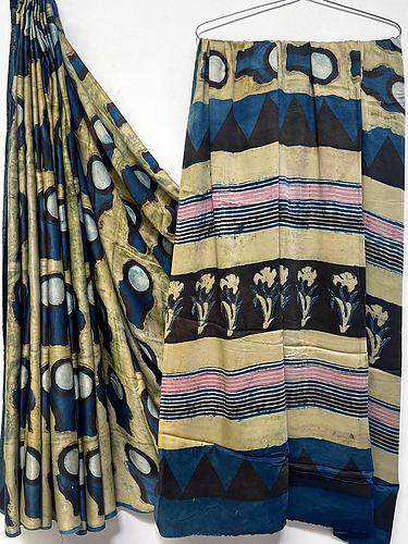 Navy Beige Stripe Floral Vanaspati Print Modal Silk Saree with Blouse