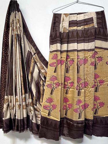Brown Beige Pink Lotus Vanaspati Print Modal Silk Saree with Blouse