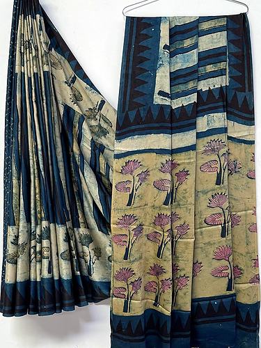 Navy Blue Beige Pink Lotus Vanaspati Print Modal Silk Saree with Blouse