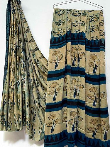 Beige Navy Tree Vanaspati Print Modal Silk Saree with Blouse
